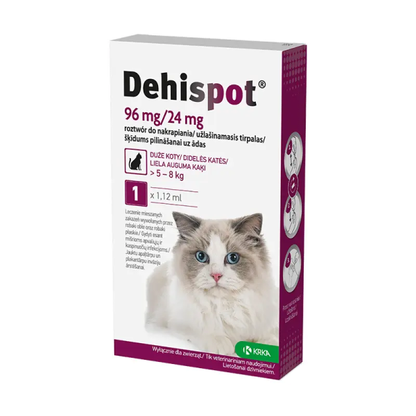 Dehispot, 96 mg/24 mg, užlašinamasis tirpalas nuo kirminų didelėms katėms (5-8 kg), N1