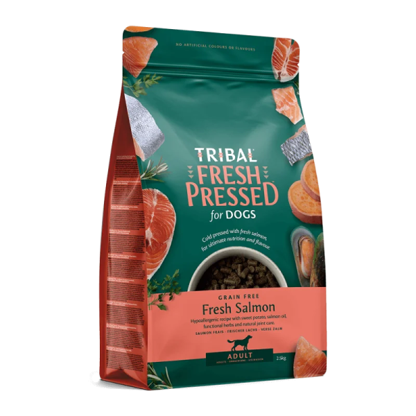 Suaugusių šunų ėdalas maiše, lašišos skonio, 2,5 kg, TRIBAL Fresh Pressed