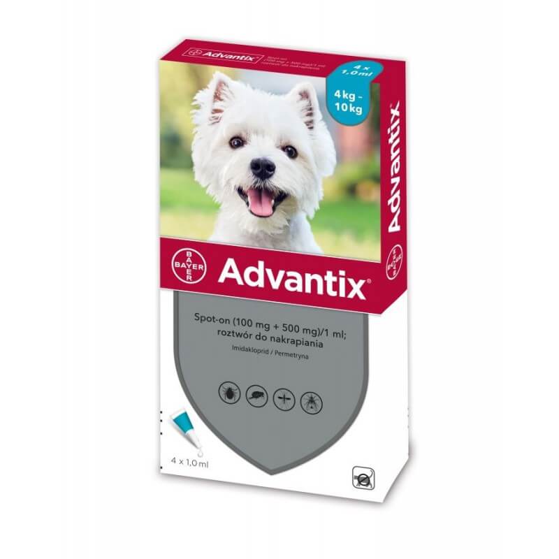 ADVANTIX lašai nuo erkių šunims 4–10 kg, dėžutė su balto šuns atvaizdu