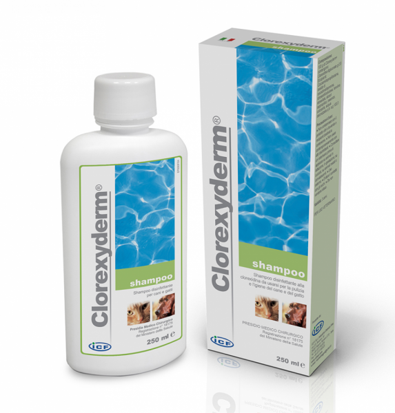 Clorexyderm antiseptinis 4% šampūnas šunims ir katėms, 250 ml, buteliukas ir dėžutė