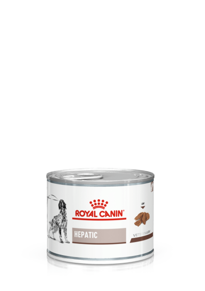 Šunų konservų skardinė ROYAL CANIN HEPATIC, metalinė pakuotė su šuns ir kepenų grafika