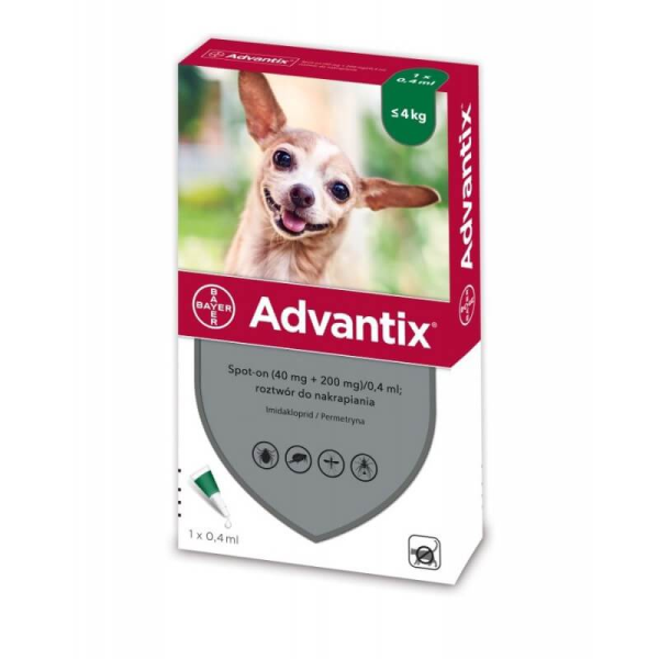 ADVANTIX lašai nuo erkių šunims iki 4 kg, spot-on, dėžutė su pipete