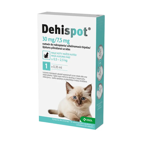 Dehispot, 30 mg/7,5 mg, užlašinamasis tirpalas nuo kirminų mažoms katėms (iki 2,5 kg ), N1