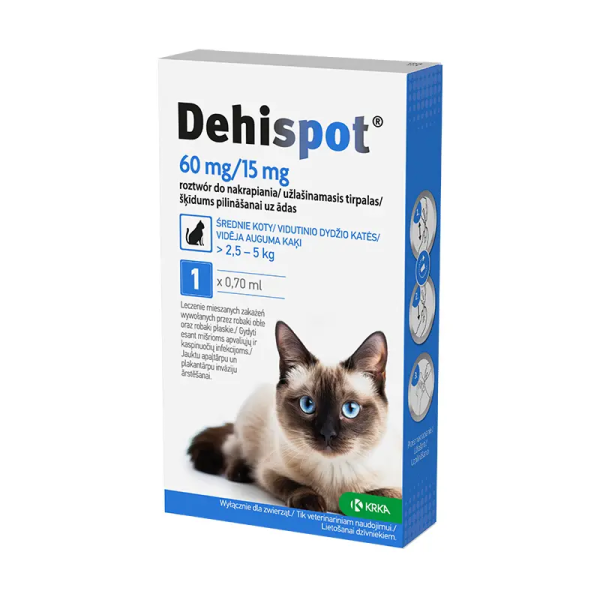 Dehispot, 60 mg/15 mg, užlašinamasis tirpalas nuo kirminų vidutinio dydžio katėms (2,5-5 kg), N1