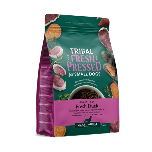 TRIBAL Šalto spaudimo mažų veislių suaugusių šunų maistas su antiena – Fresh Pressed Adult Small Breed Duck 1,5 kg