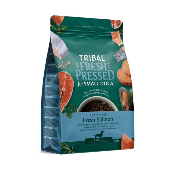 TRIBAL šunų ėdalo maišelis Fresh Pressed su lašiša suaugusiems mažiems šunims, 1,5 kg
