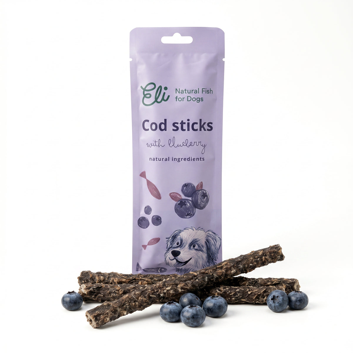 ELI Džiovintos menkės lazdelės su mėlynėmis 30 g, skanėstas šunims