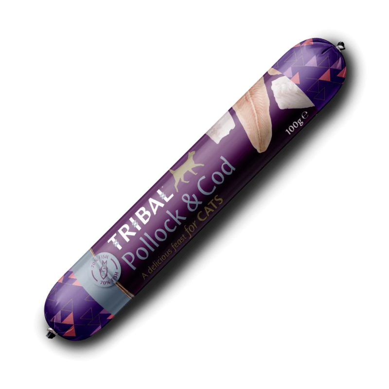 Kačių konservai TRIBAL dešrelė Pollock & menkė, 100 g pakuotė