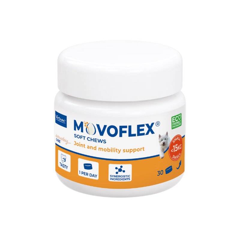 VIRBAC MOVOFLEX S, papildas kaulams ir sąnariams mažų veislių šunims (<15kg), 2g N30 kramtukų