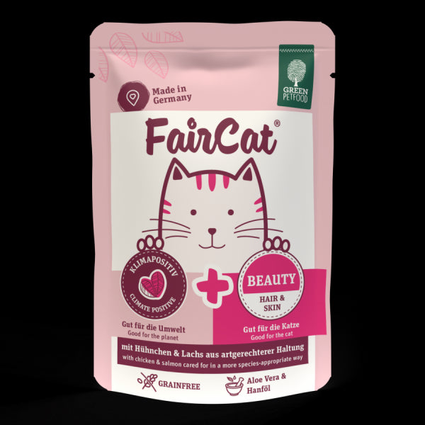 FairCat Beauty begrūdis konservas katėms su vištiena, lašiša, alaviju ir kanapių aliejumi 85 g