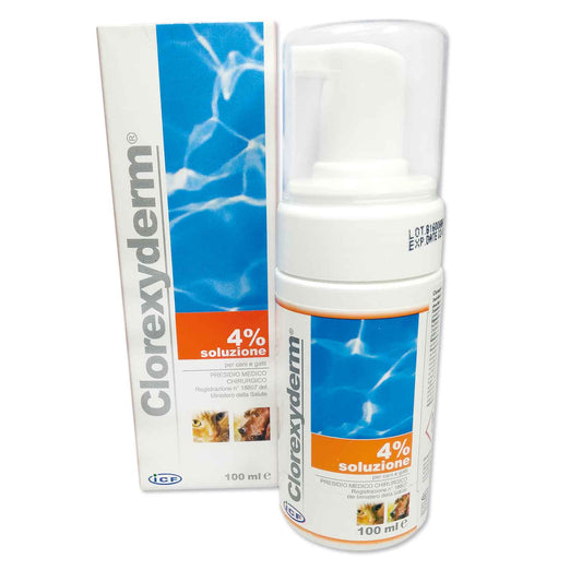 Clorexyderm 4% antiseptinės putos 100 ml buteliukas su dozatoriumi, baltai-mėlyna pakuotė