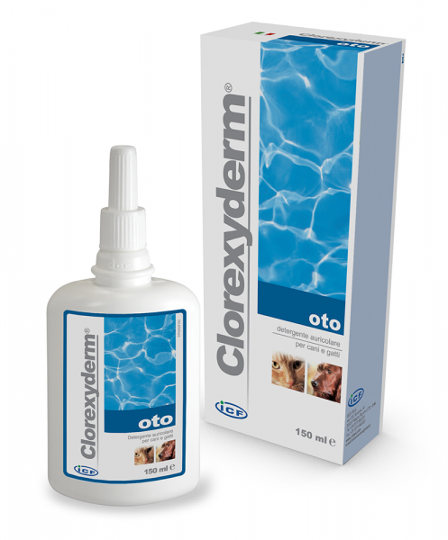 Antiseptinis ausų valiklis Clorexyderm Oto Piu 150 ml buteliukas ir dėžutė šunims bei katėms